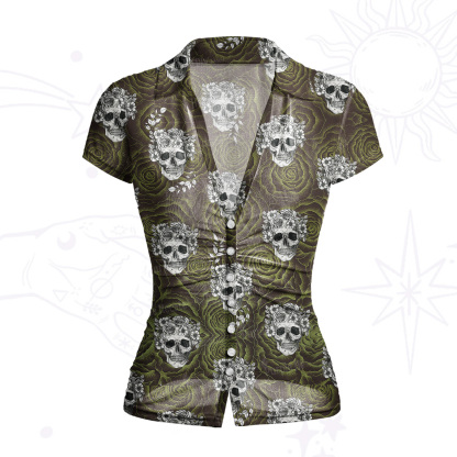 Purplehecate Rose Skull Mesh Button Up Top