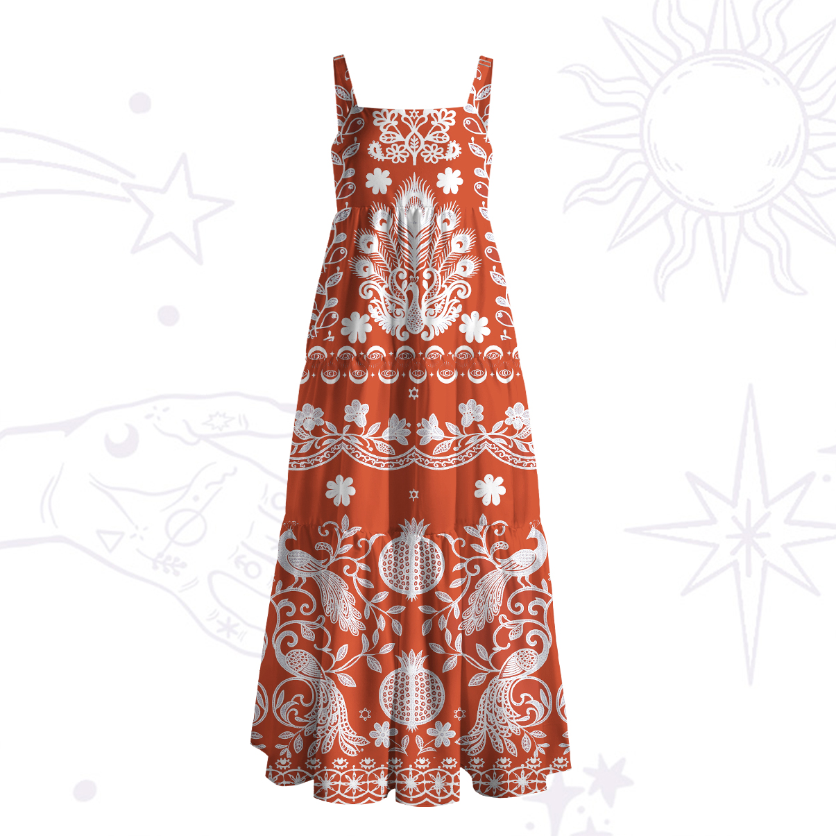 Purplehecate Mystic Peacock Garden Totem Strappy Wide Straps Maxi Dress