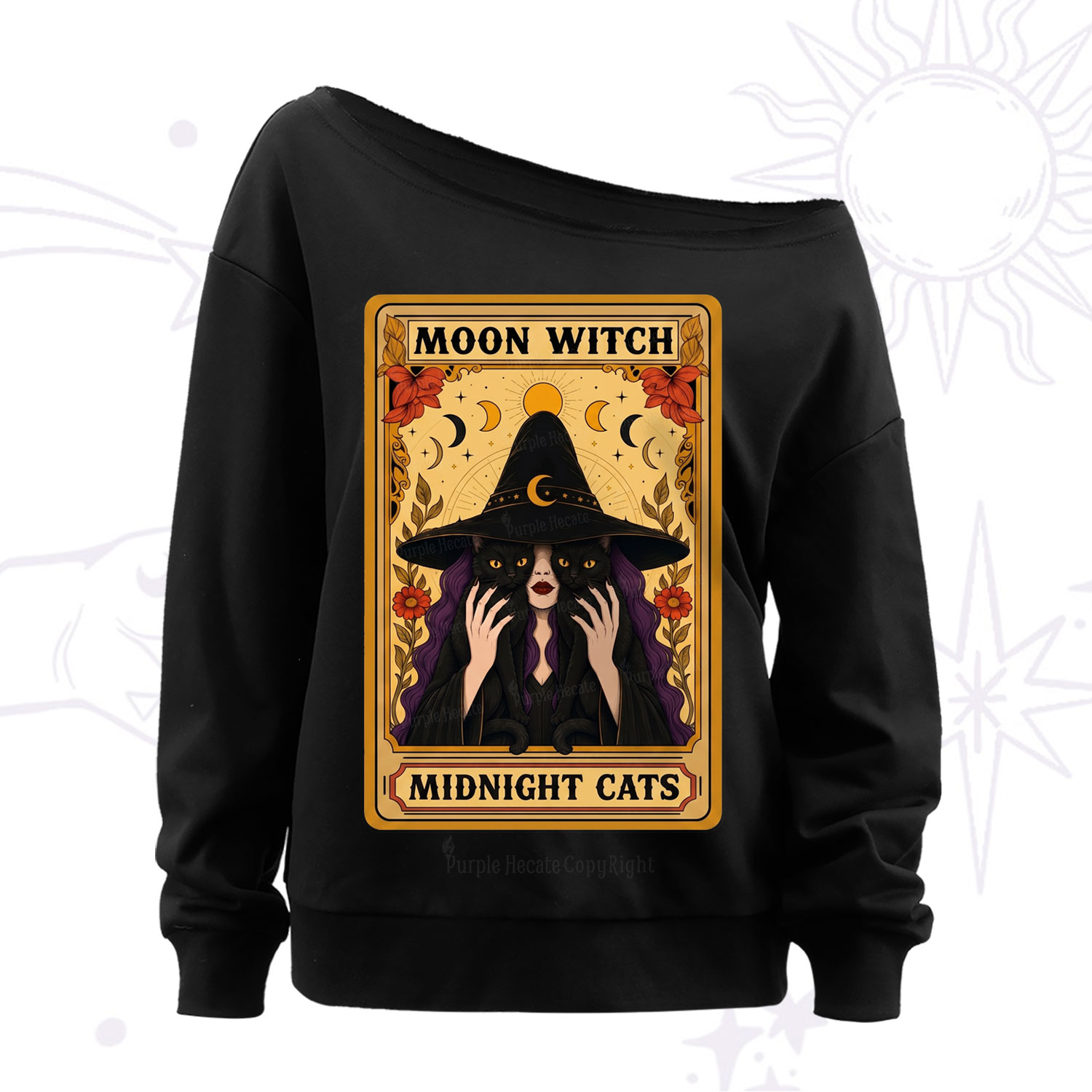 Purplehecate The Moon Witch Midnight Cats Oracle Card Off The Shoulder Sweatshirt