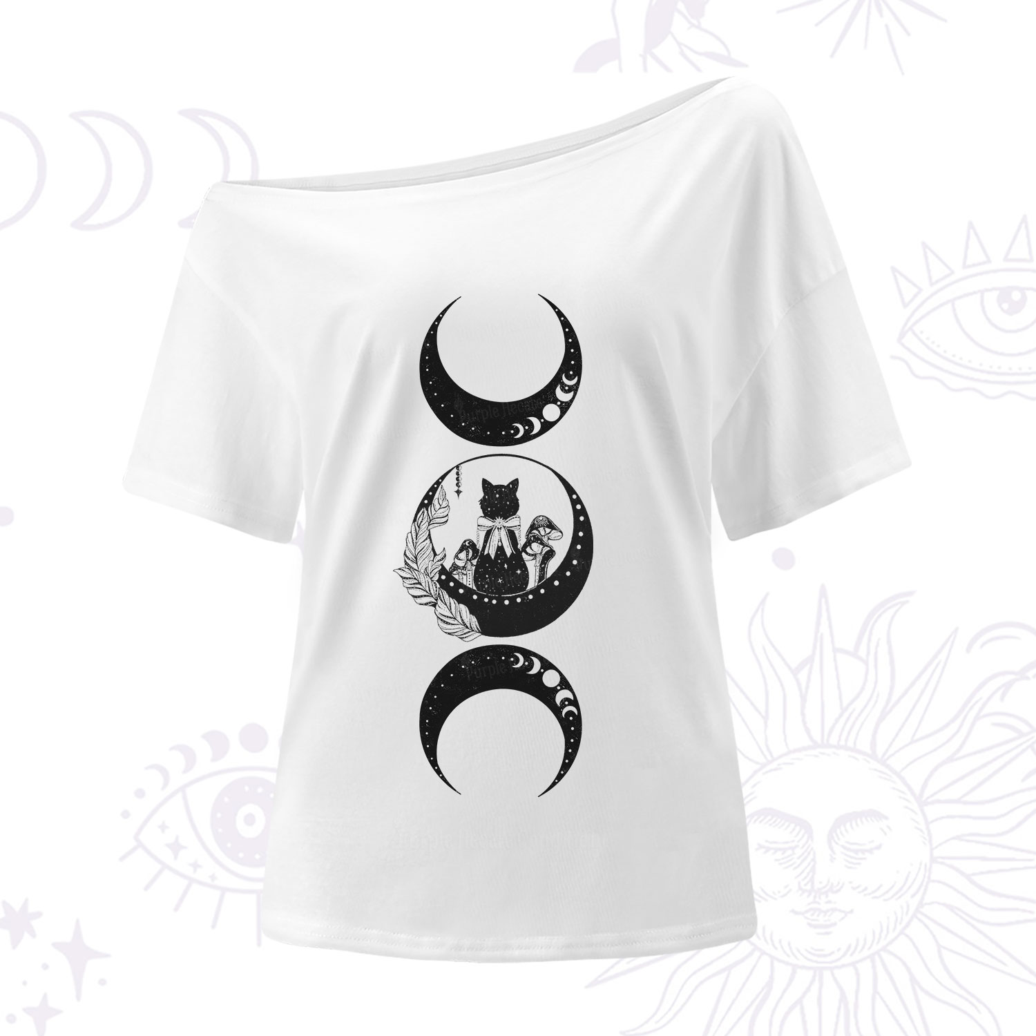 Purplehecate Cat And Moon Phases One Shoulder T-Shirt