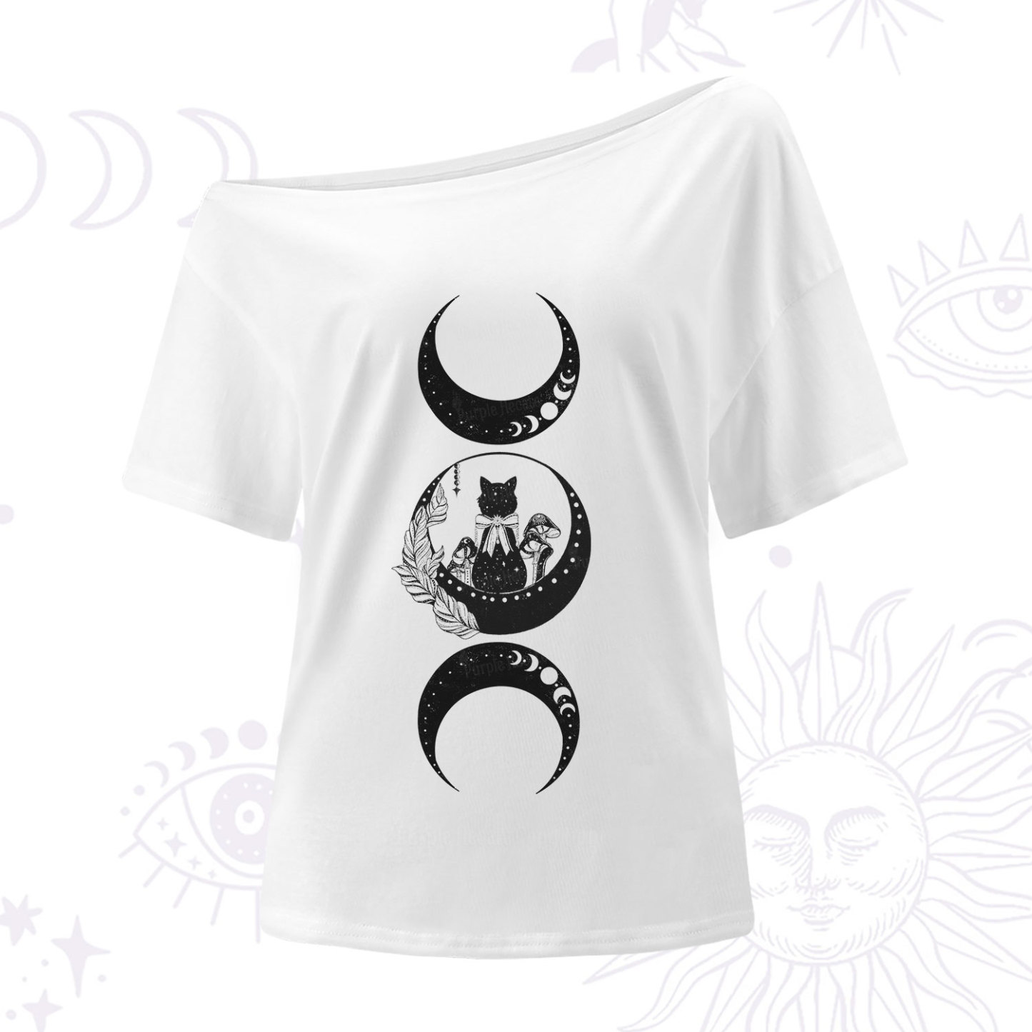 Purplehecate Cat And Moon Phases One Shoulder T-Shirt
