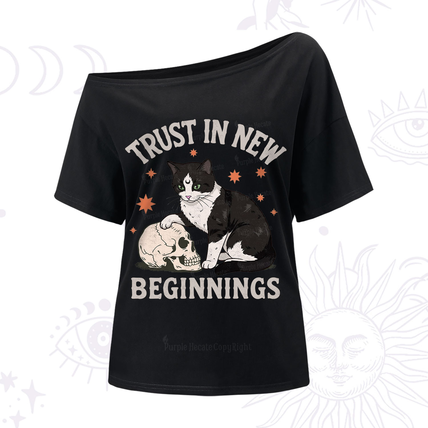 Purplehecate Trust In New Beginnings Cat One Shoulder T-Shirt