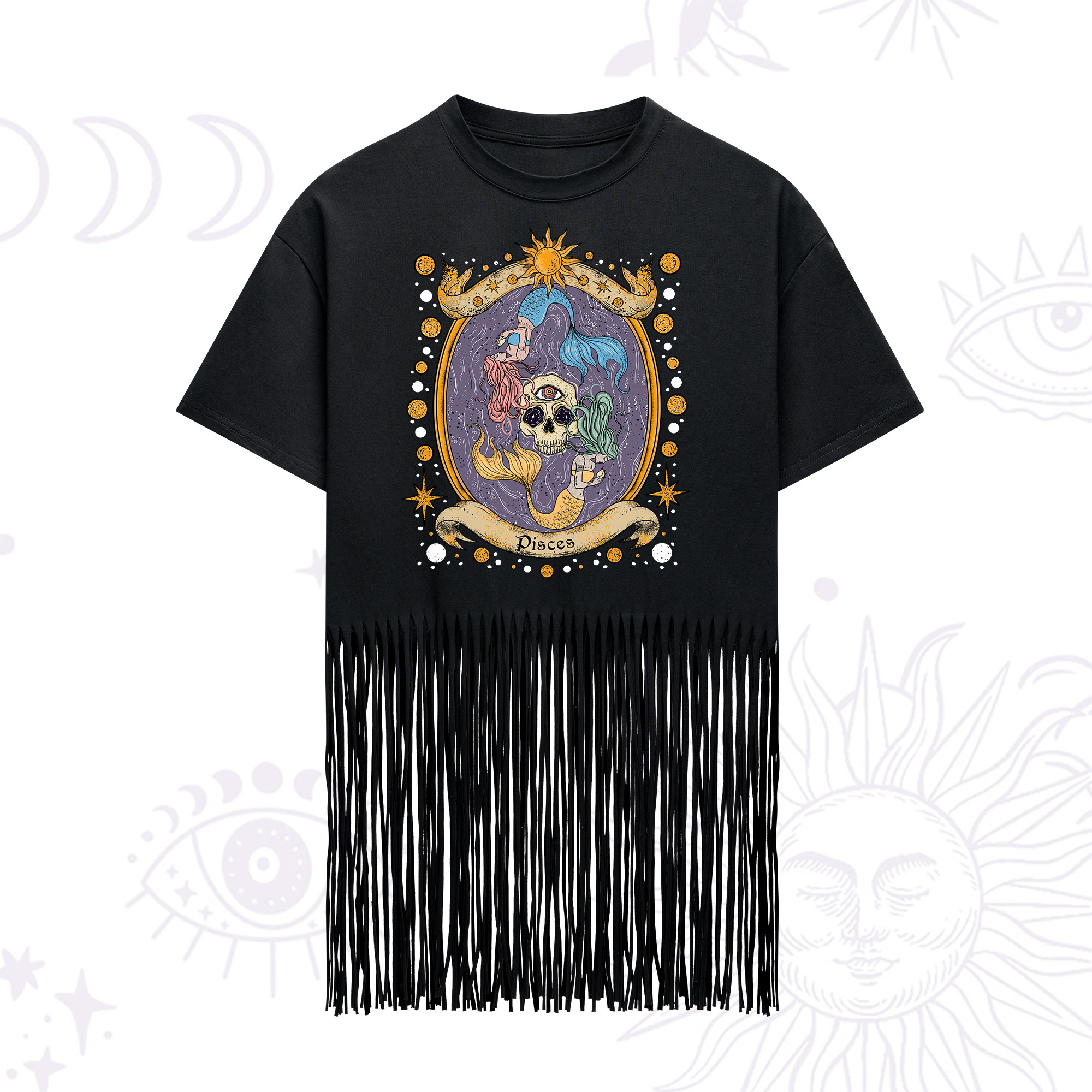 Purplehecate Celestial Pisces Zodiac Fringe Hem T-Shirt