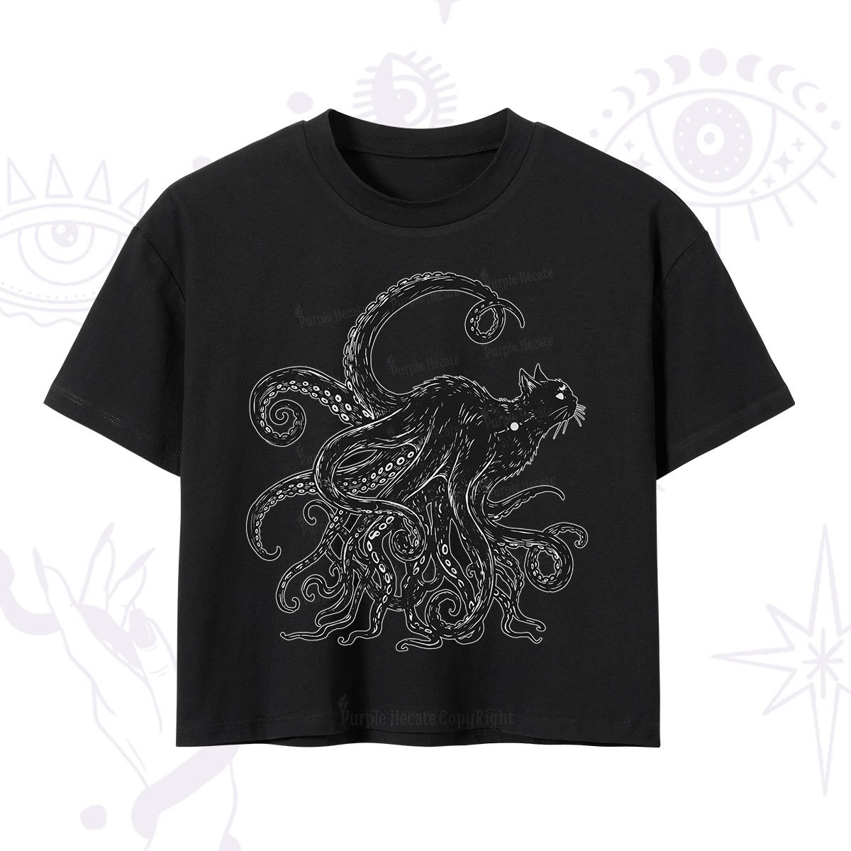 Purplehecate Black Cat with Octopus Tentacles Crop T-Shirt