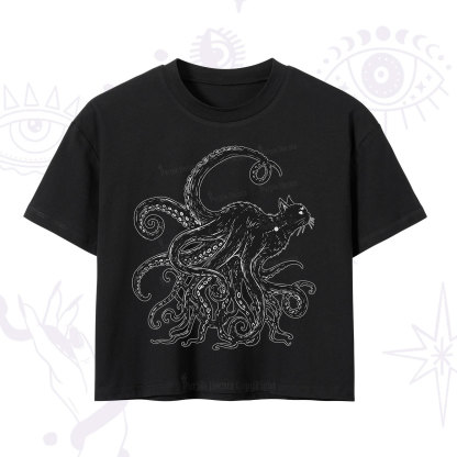 Purplehecate Black Cat with Octopus Tentacles Crop T-Shirt