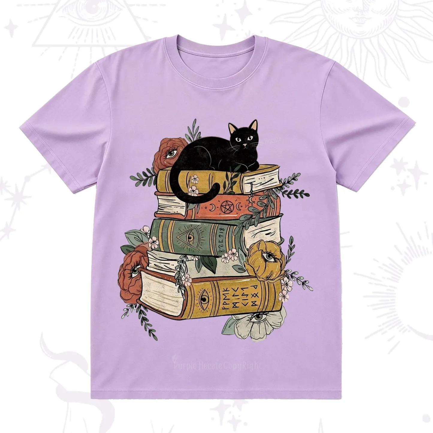 Purplehecate Black Cat on Books T-Shirt