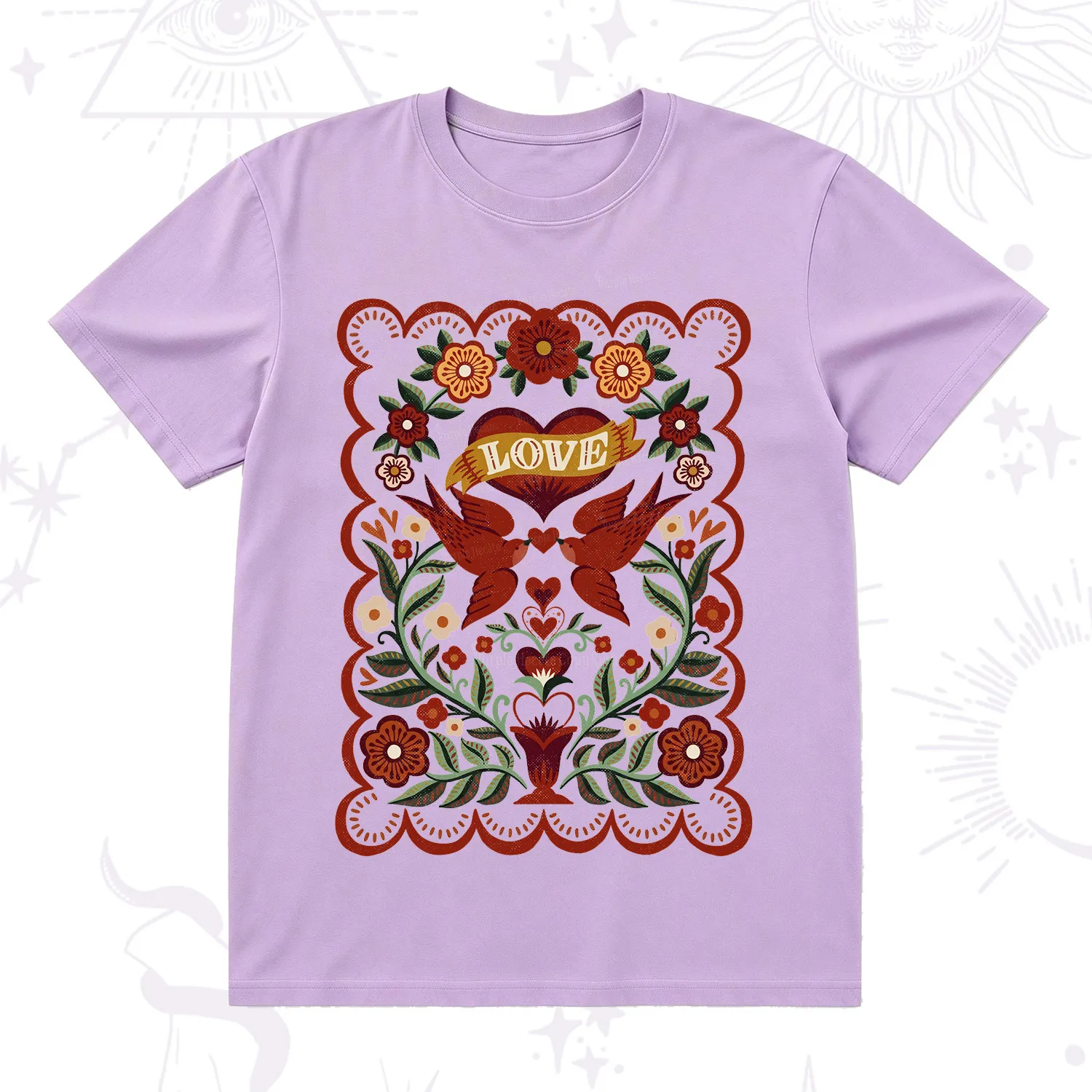 Purplehecate Folk Love Birds Floral T-Shirt