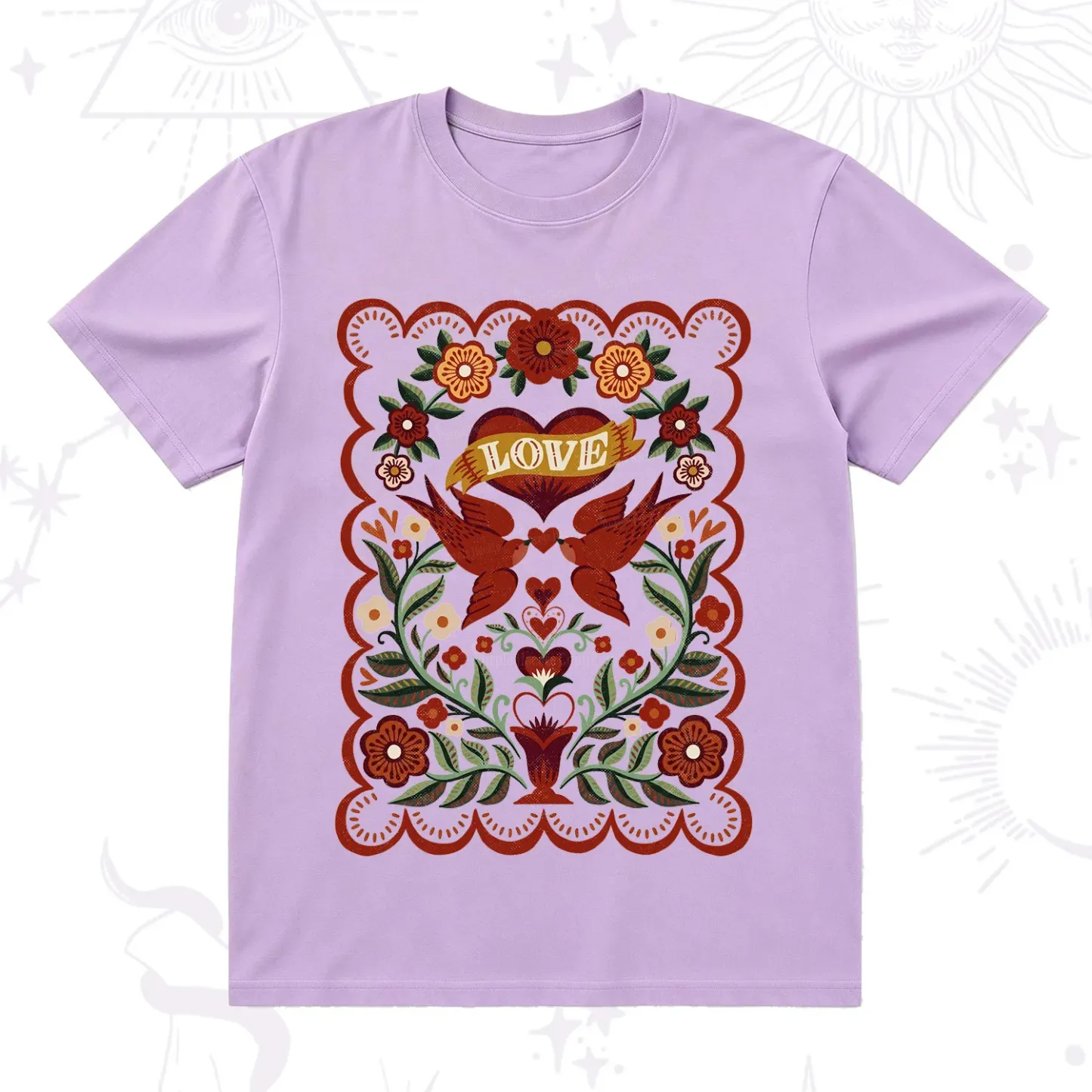 Purplehecate Folk Love Birds Floral T-Shirt