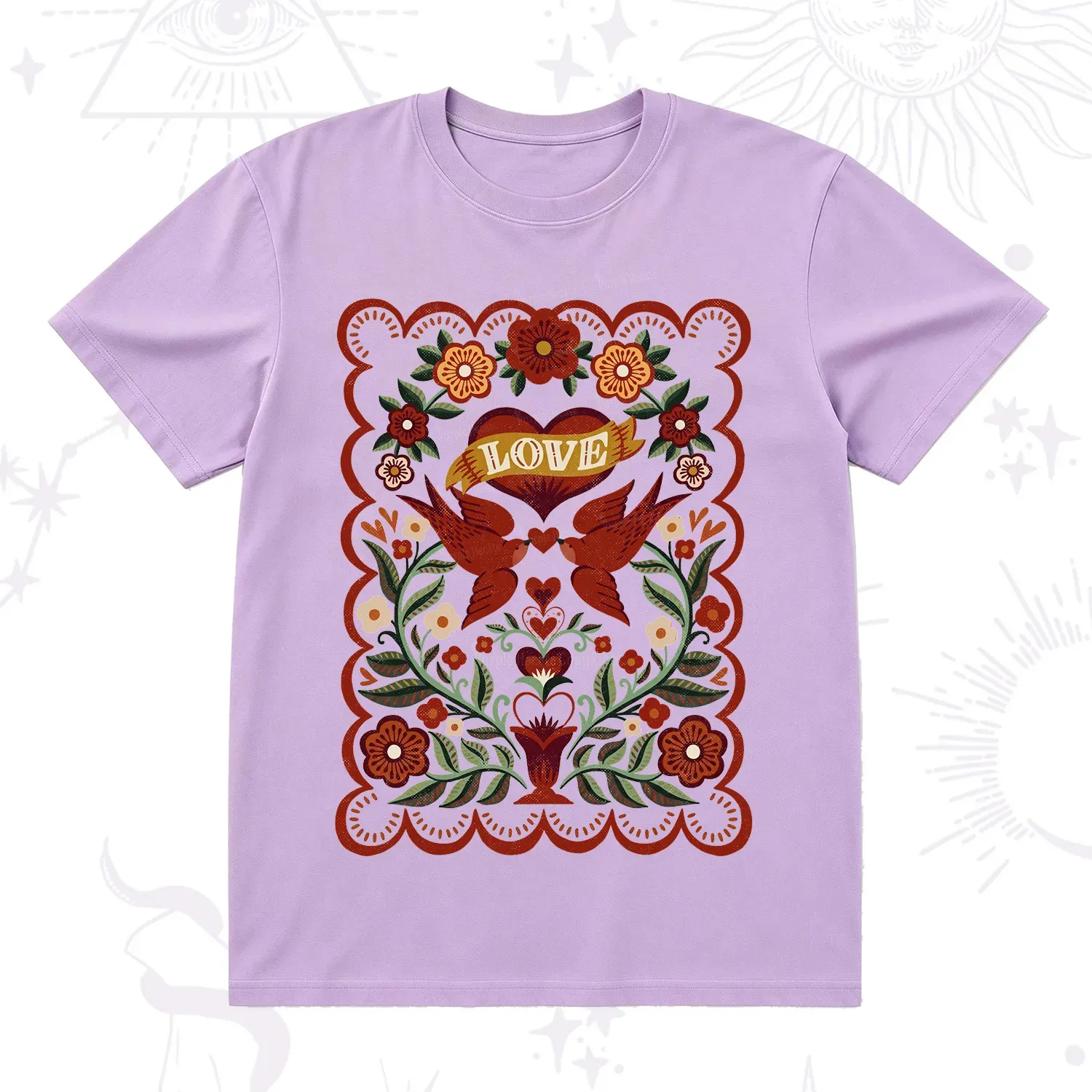 Purplehecate Folk Love Birds Floral T-Shirt