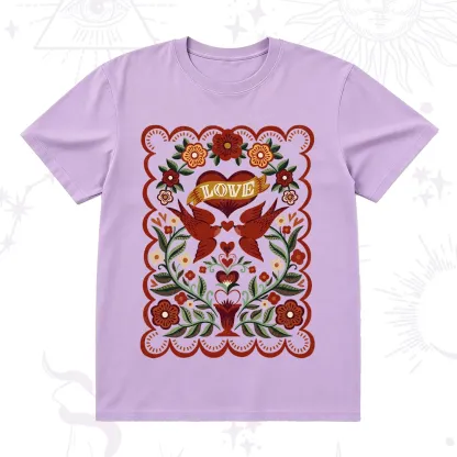 Purplehecate Folk Love Birds Floral T-Shirt