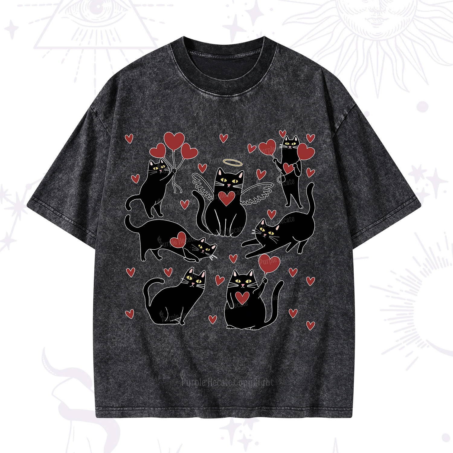 Purplehecate Meowy Valentine's Romantic Cat Valentine Washed T-Shirt