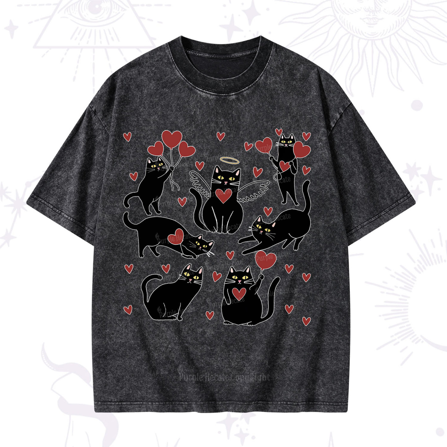 Purplehecate Meowy Valentine's Romantic Cat Valentine Washed T-Shirt