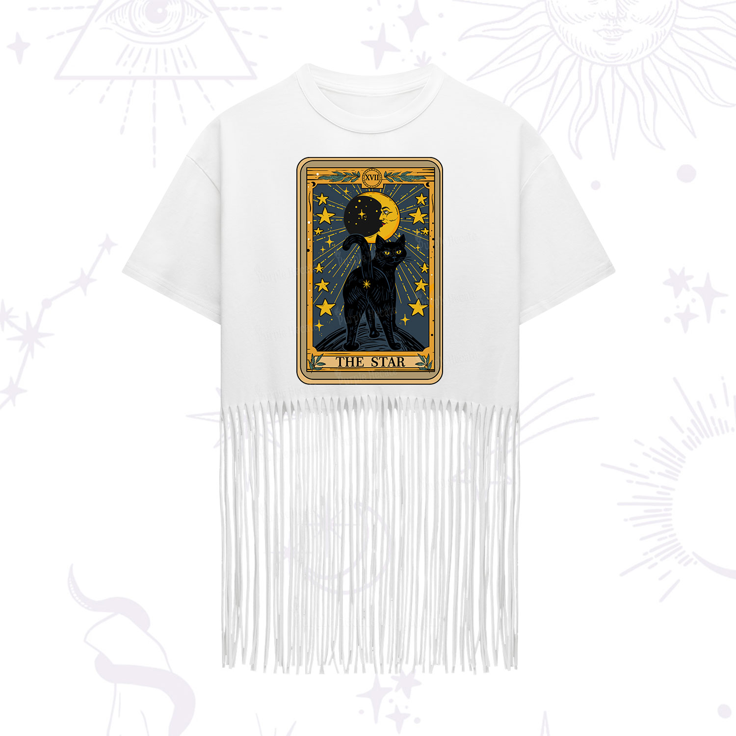 Purplehecate The Star Tarot Cat Fringe Hem T-Shirt