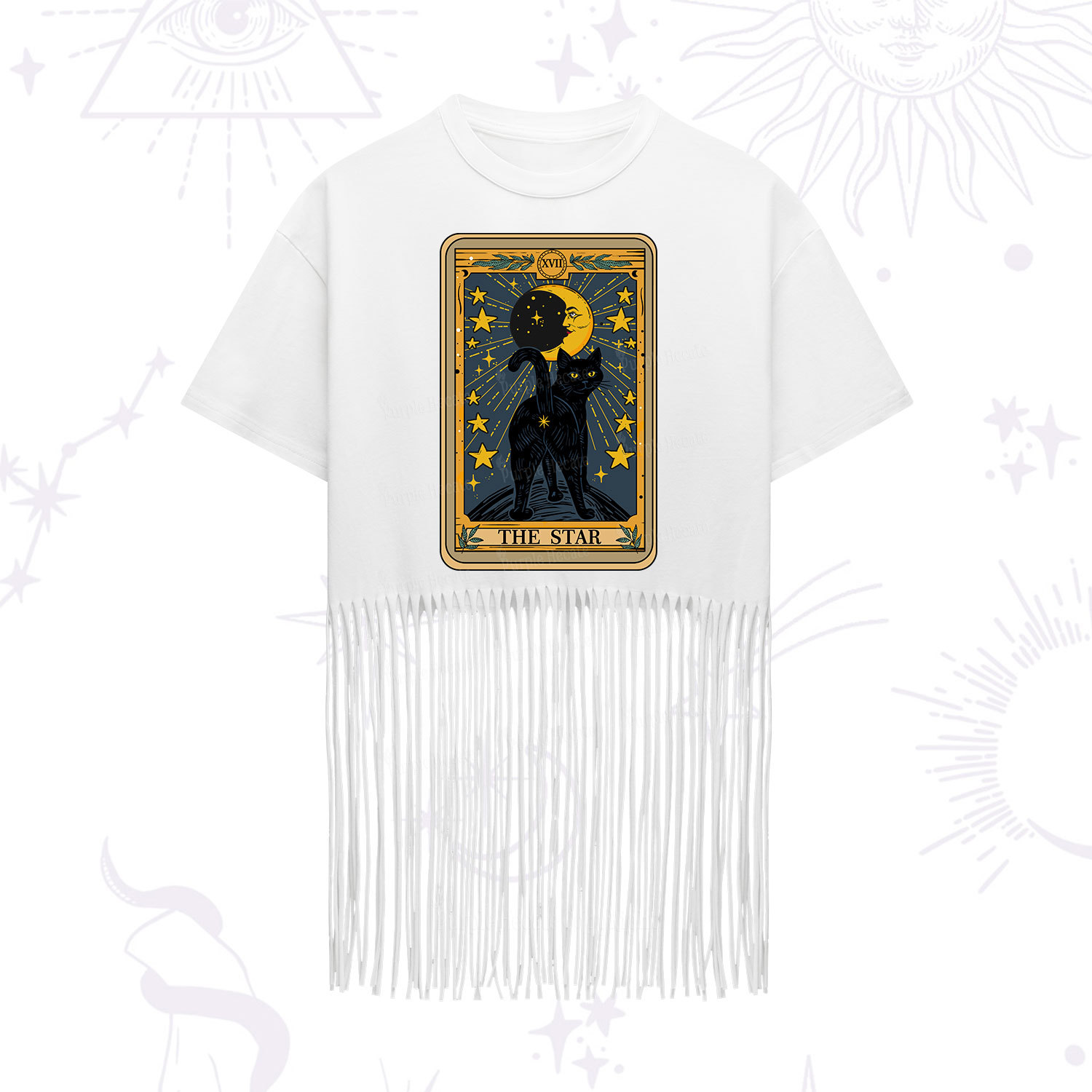 Purplehecate The Star Tarot Cat Fringe Hem T-Shirt