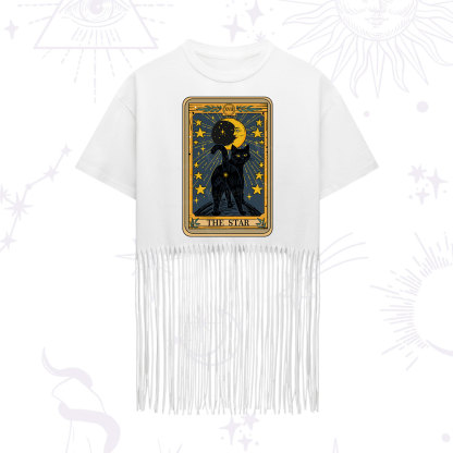Purplehecate The Star Tarot Cat Fringe Hem T-Shirt