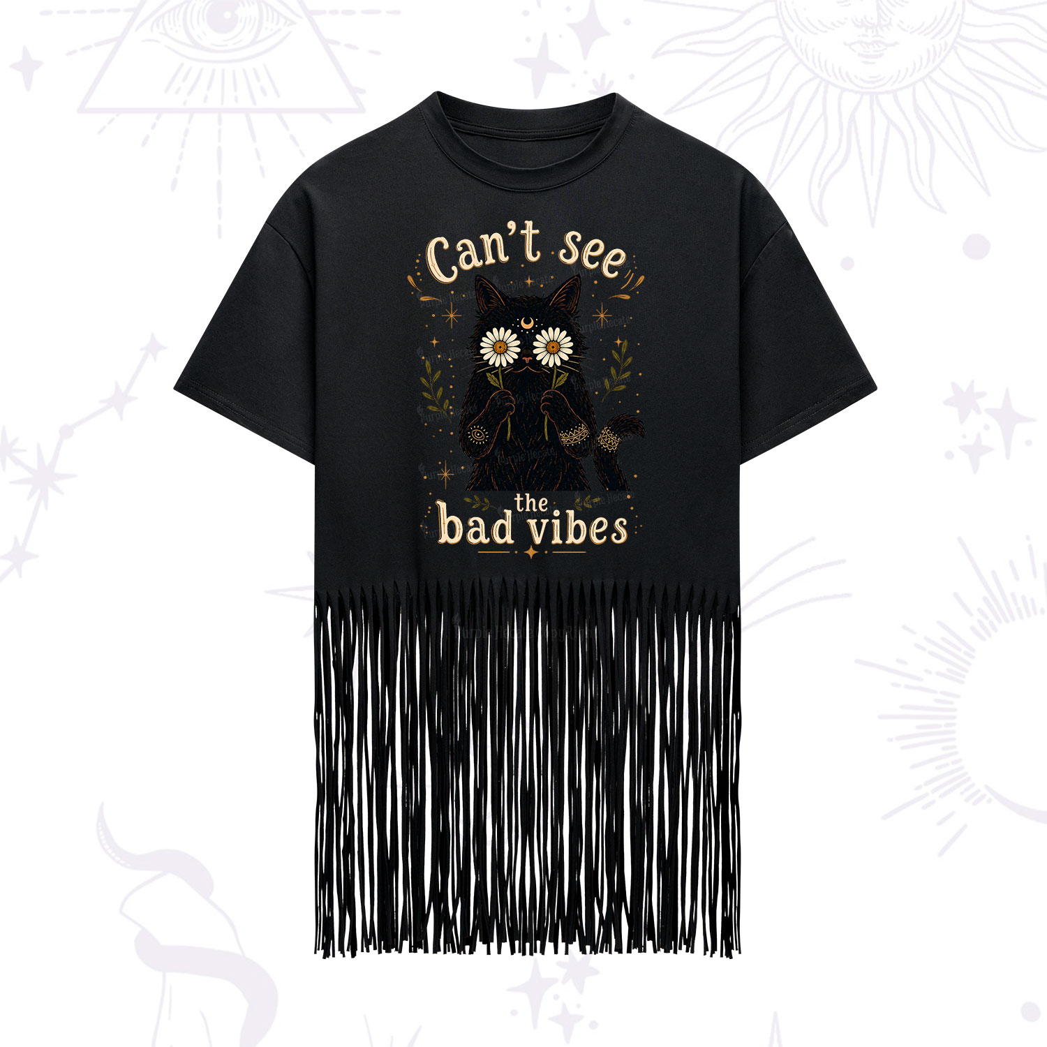 Purplehecate Can't See the Bad Vibes Black Cat Fringe Hem T-Shirt