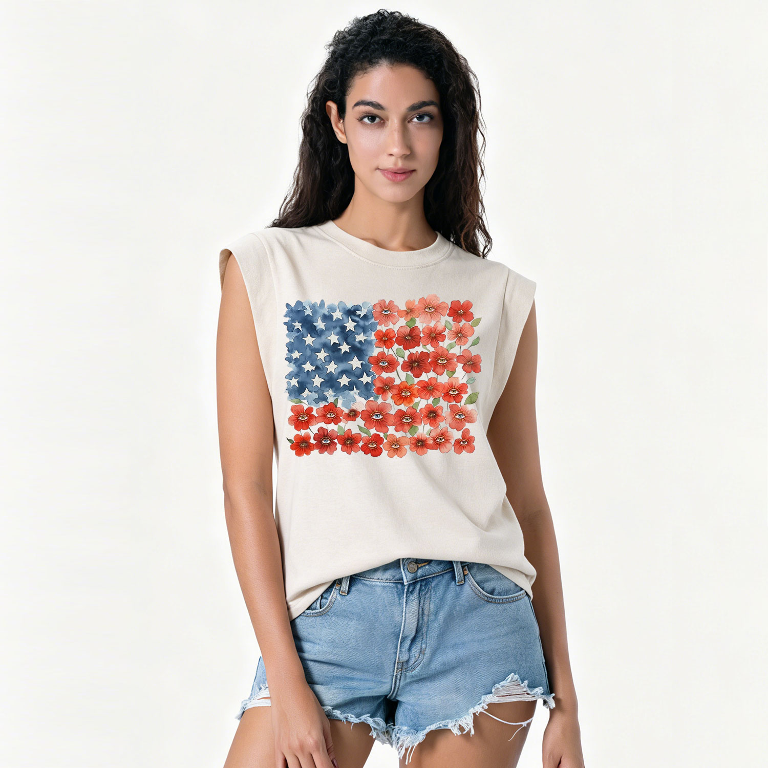 Purplehecate Floral Watercolor American Flag Vintage Washed Tank