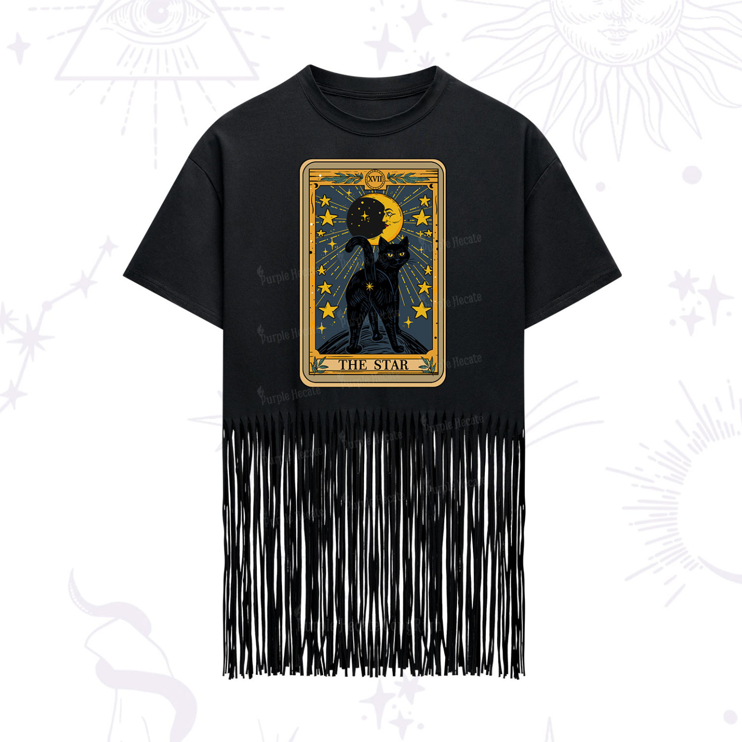 Purplehecate The Star Tarot Cat Fringe Hem T-Shirt