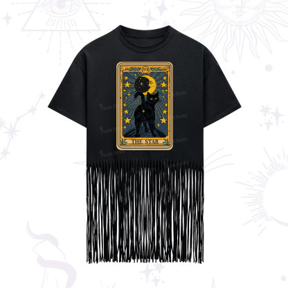 Purplehecate The Star Tarot Cat Fringe Hem T-Shirt