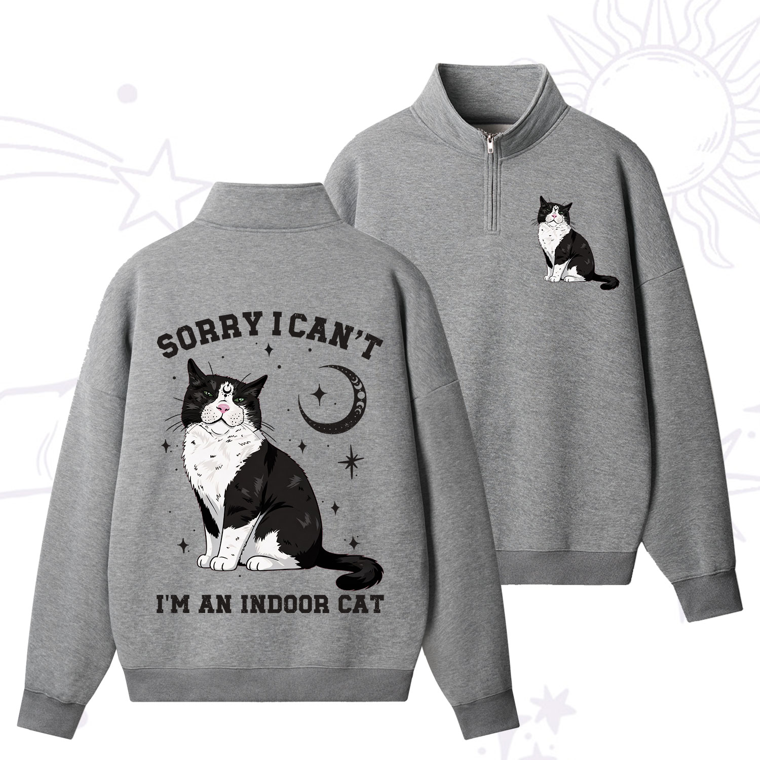 Purplehecate Sorry I Can't Go I'm an Indoor Cat Zip Fleece Sweatshirt