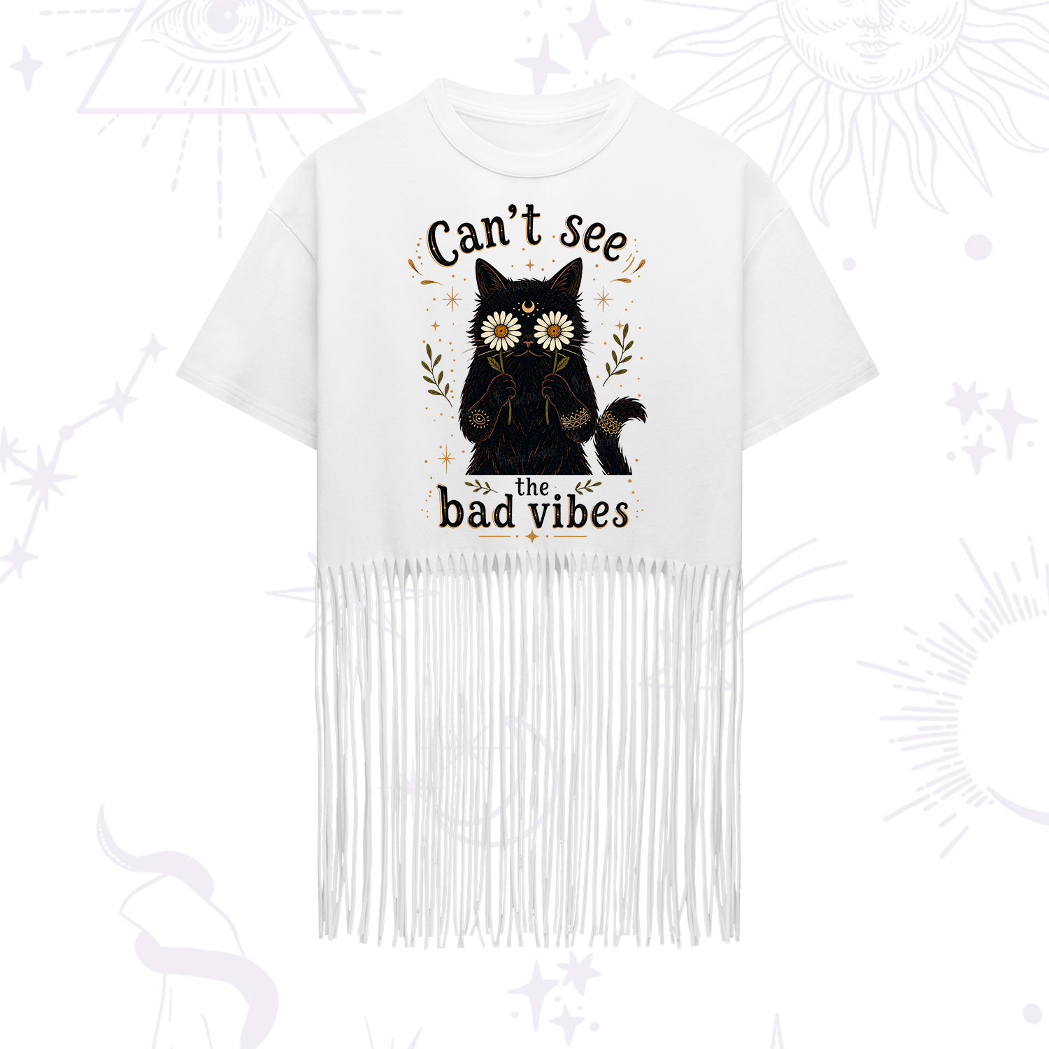 Purplehecate Can't See the Bad Vibes Black Cat Fringe Hem T-Shirt