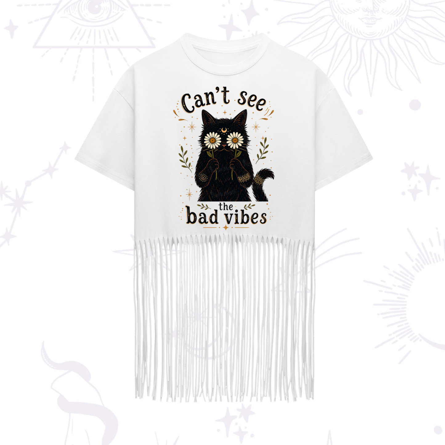 Purplehecate Can't See the Bad Vibes Black Cat Fringe Hem T-Shirt