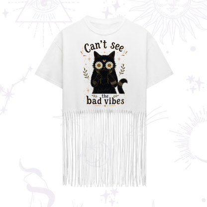 Purplehecate Can't See the Bad Vibes Black Cat Fringe Hem T-Shirt