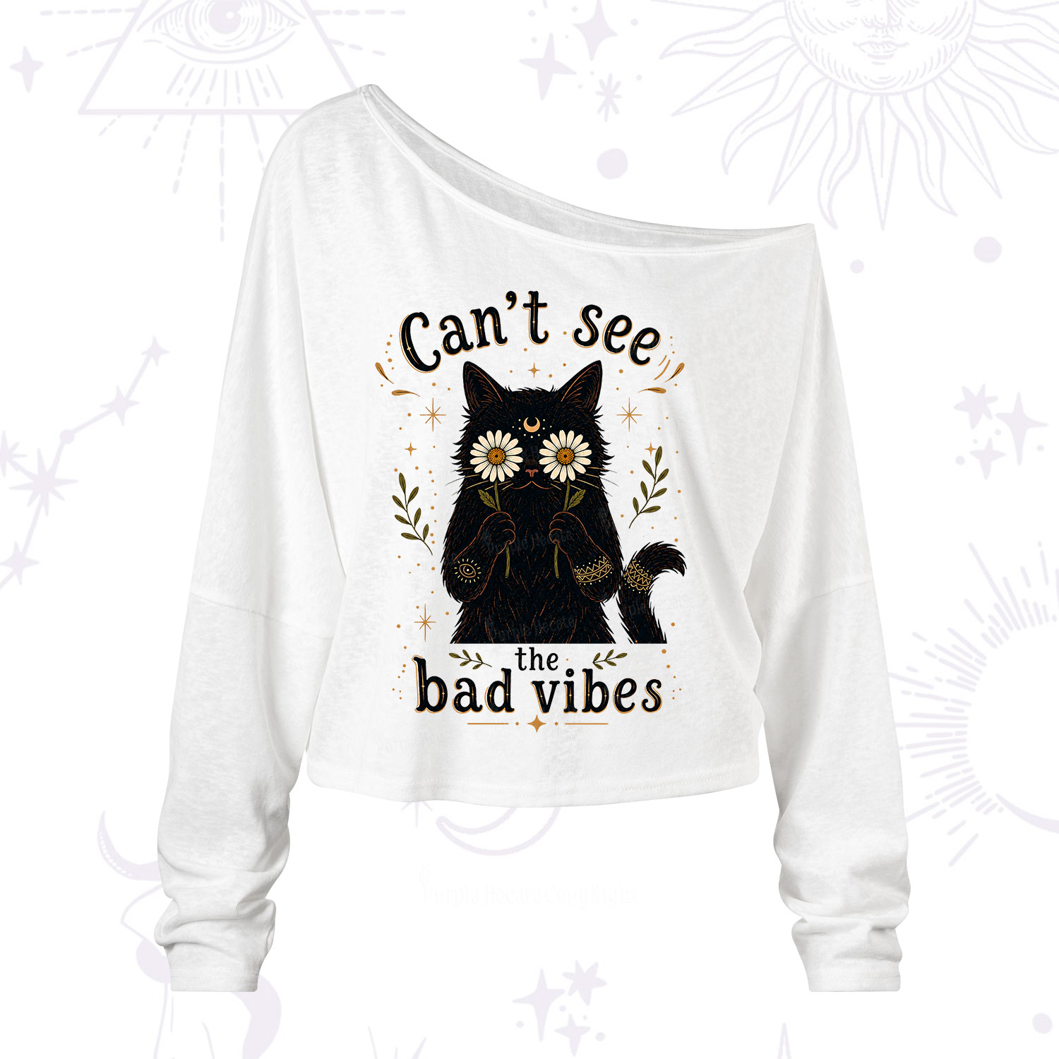 Purplehecate Can't See the Bad Vibes Black Cat One Shoulder Long Sleeve Shirt