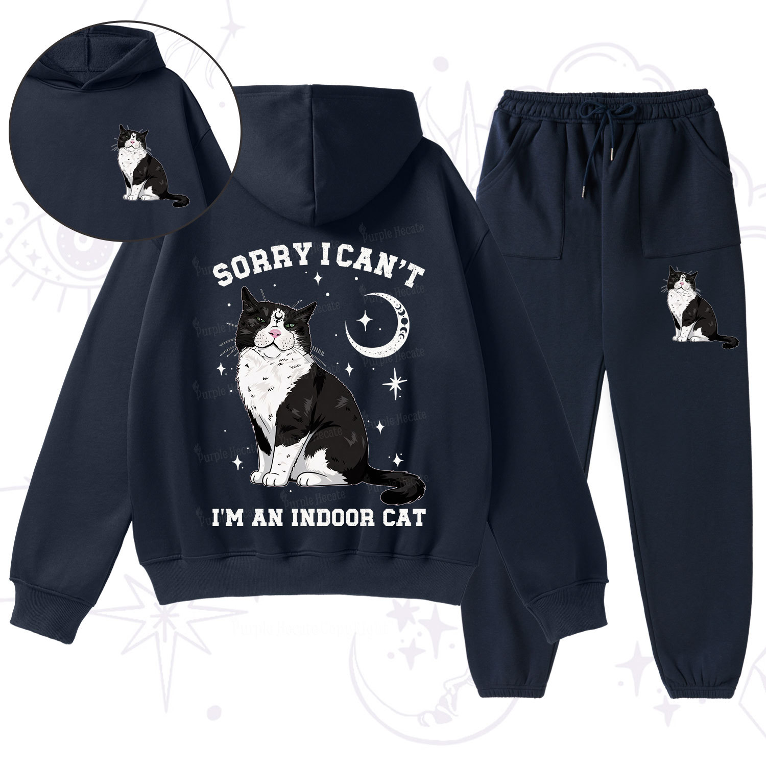 Purplehecate Sorry I Can't Go I'm an Indoor Cat Fleece Hoodie Suit