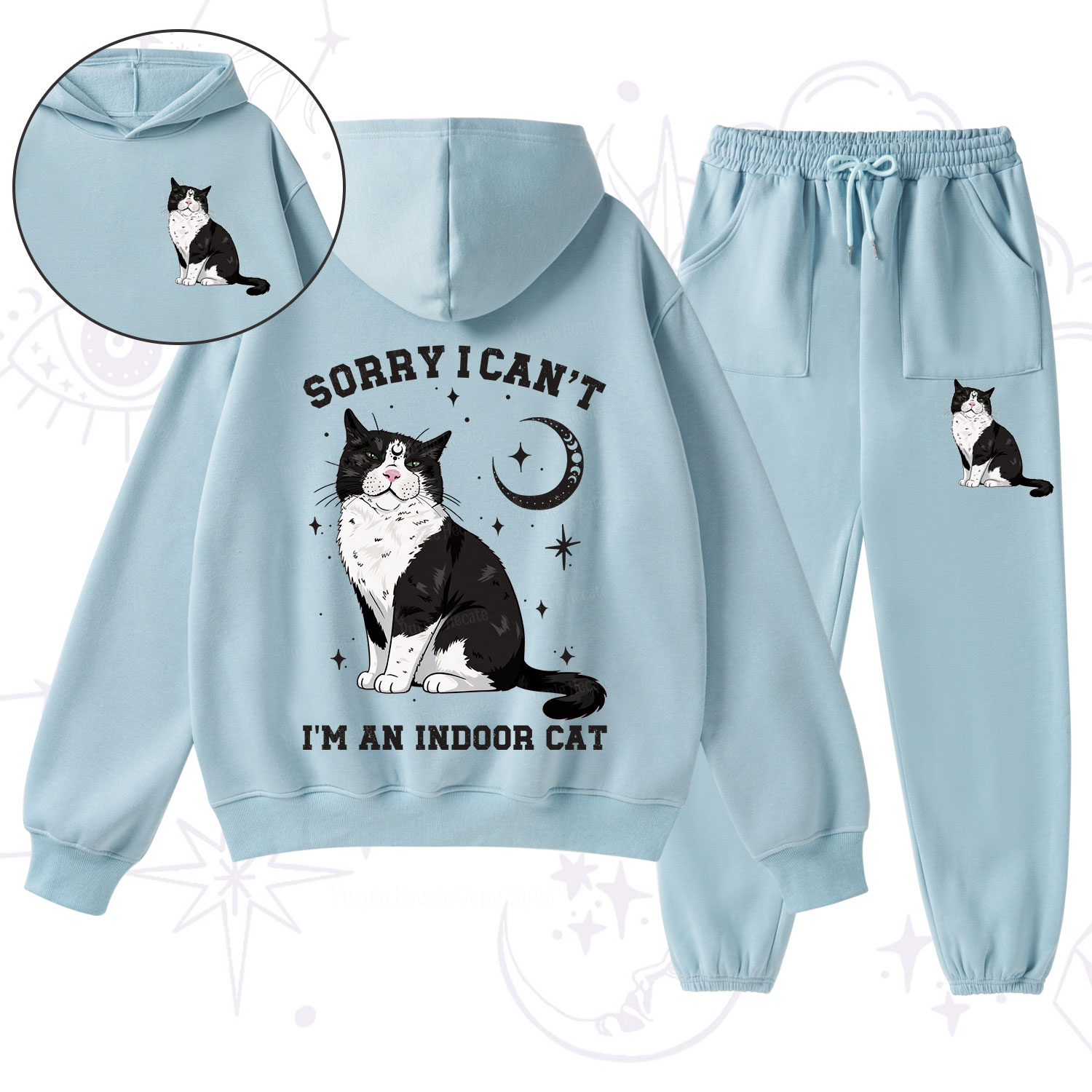 Purplehecate Sorry I Can't Go I'm an Indoor Cat Fleece Hoodie Suit