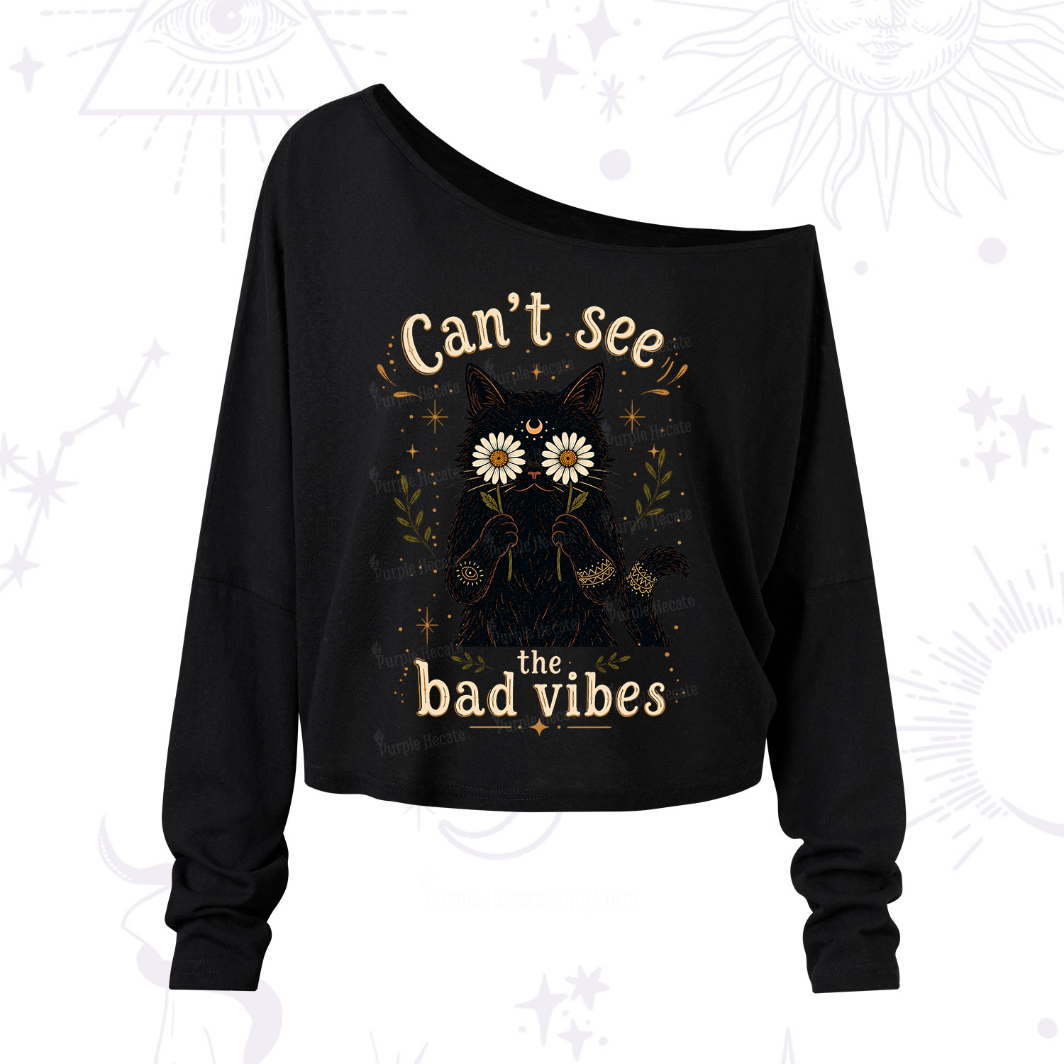 Purplehecate Can't See the Bad Vibes Black Cat One Shoulder Long Sleeve Shirt