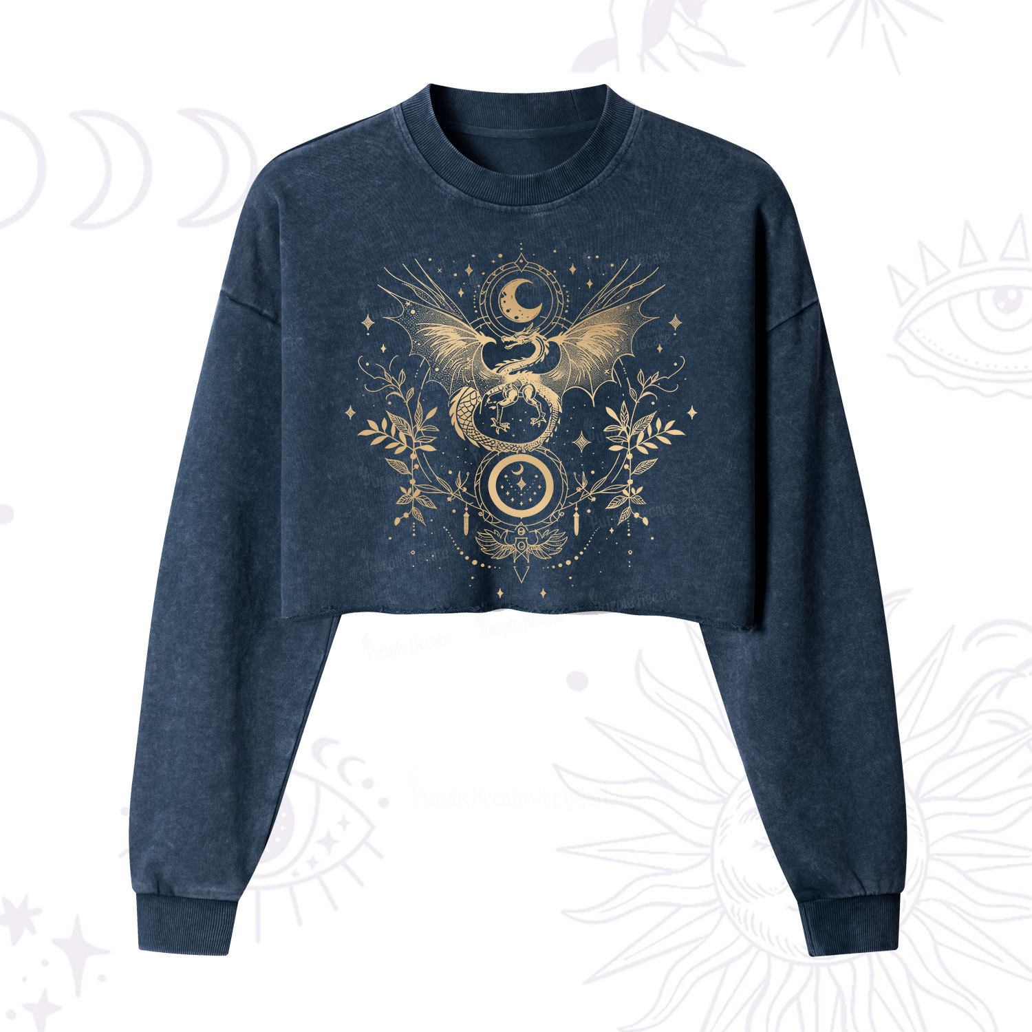 Purplehecate Celestial Dragon Moon Phase Cropped Washed Sweatshirt