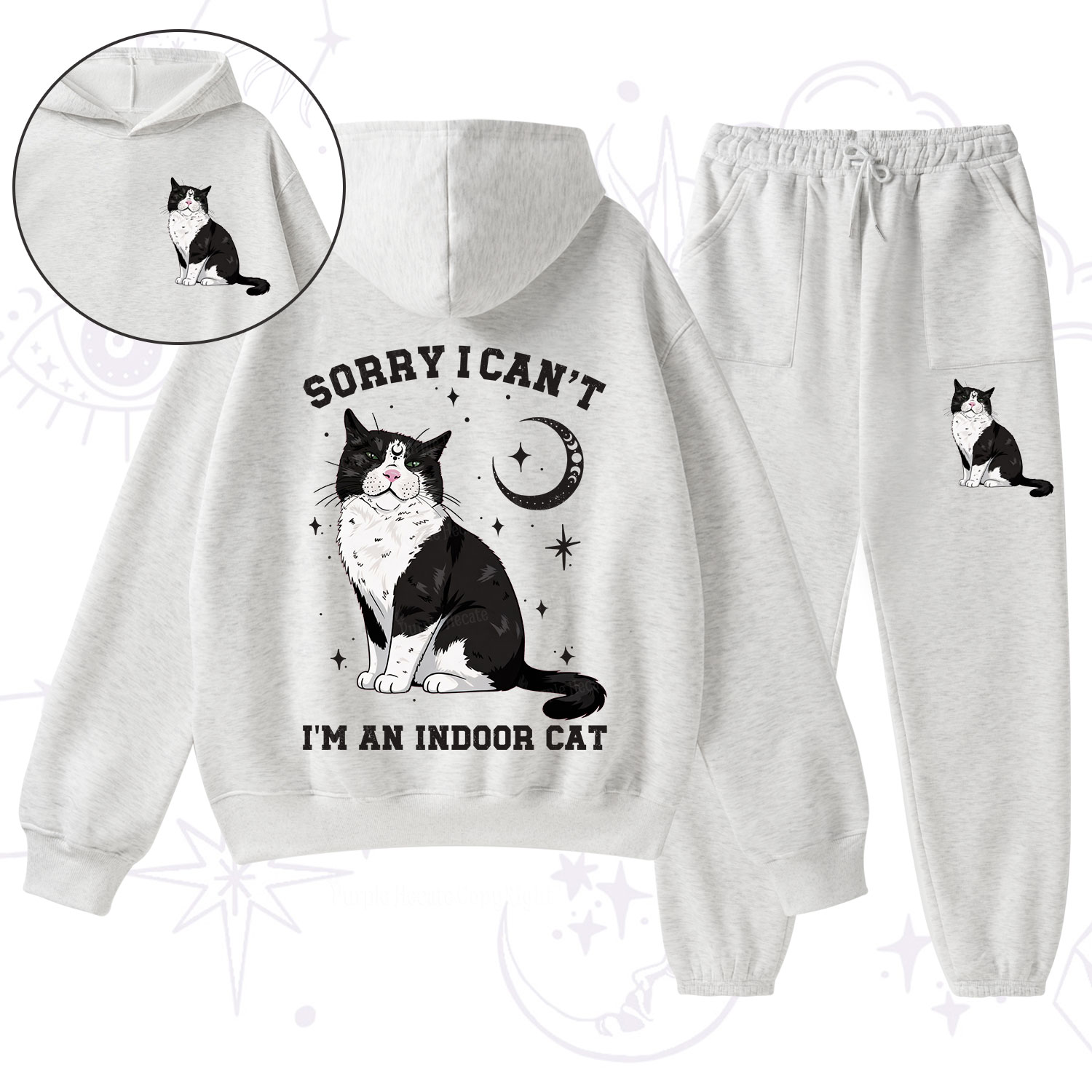 Purplehecate Sorry I Can't Go I'm an Indoor Cat Fleece Hoodie Suit