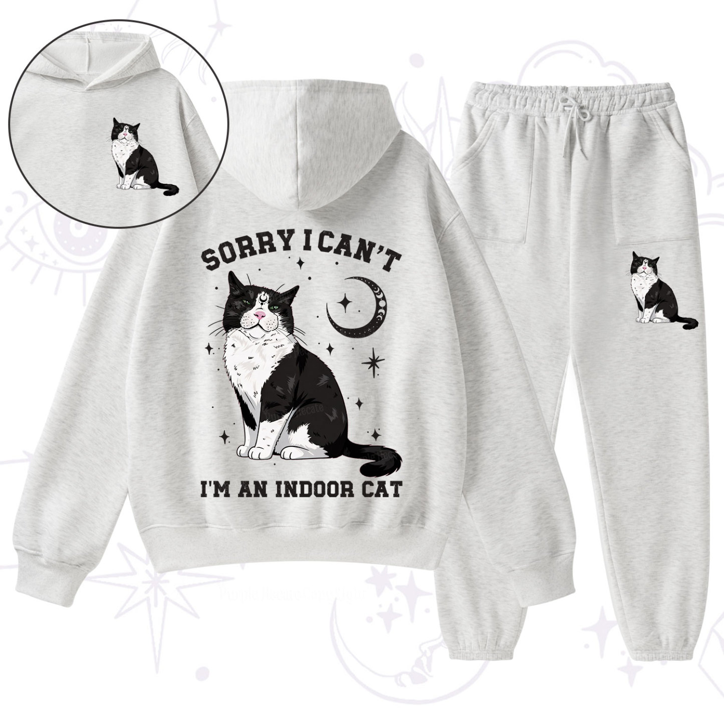 Purplehecate Sorry I Can't Go I'm an Indoor Cat Fleece Hoodie Suit