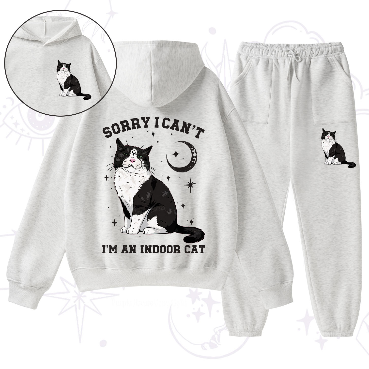 Purplehecate Sorry I Can't Go I'm an Indoor Cat Fleece Hoodie Suit