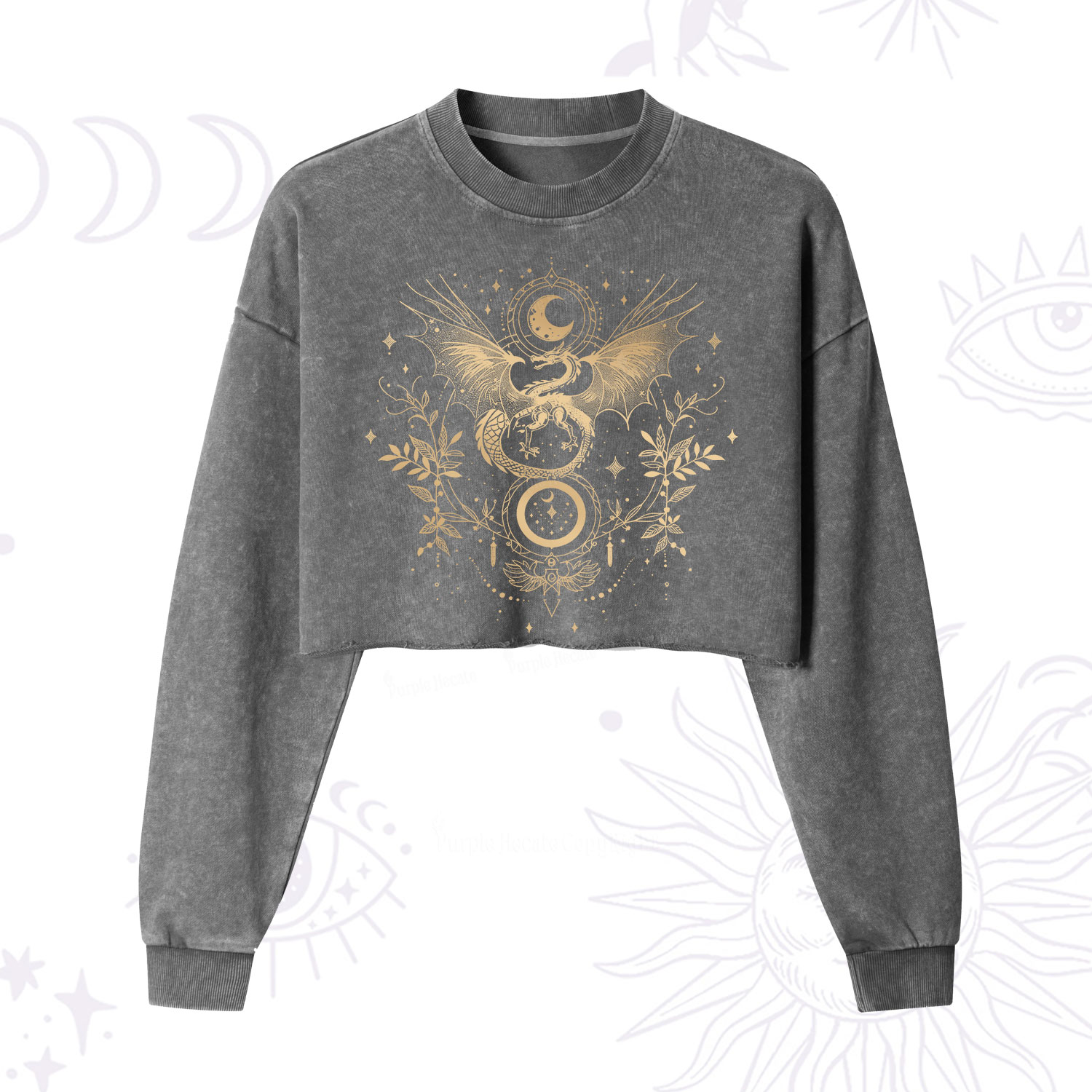 Purplehecate Celestial Dragon Moon Phase Cropped Washed Sweatshirt