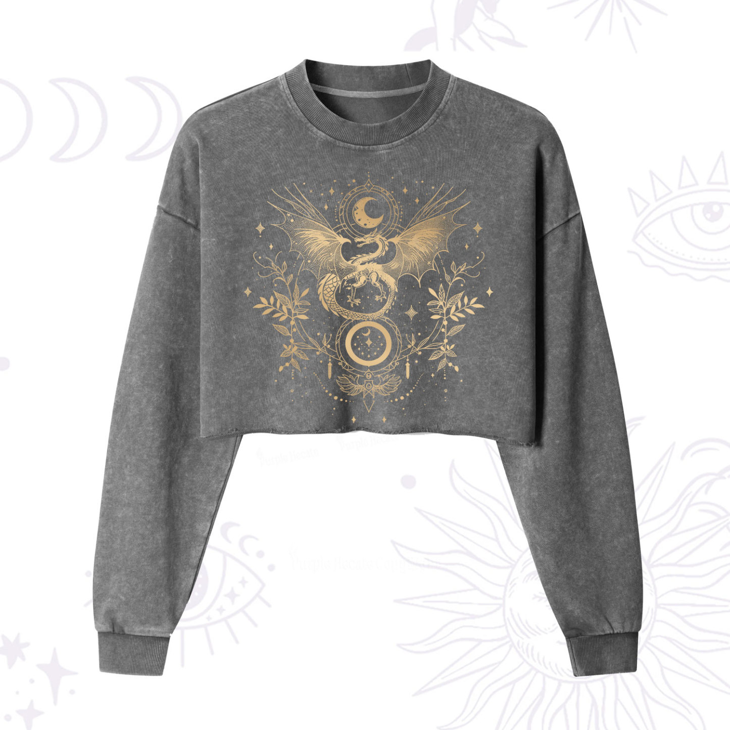 Purplehecate Celestial Dragon Moon Phase Cropped Washed Sweatshirt