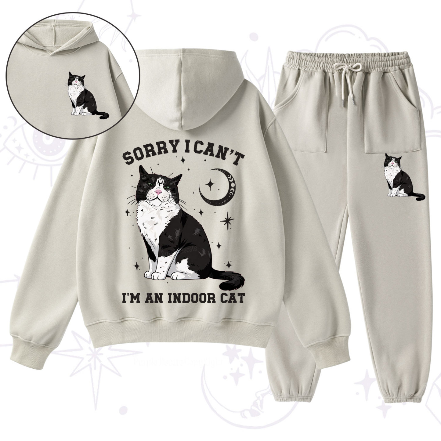 Purplehecate Sorry I Can't Go I'm an Indoor Cat Fleece Hoodie Suit