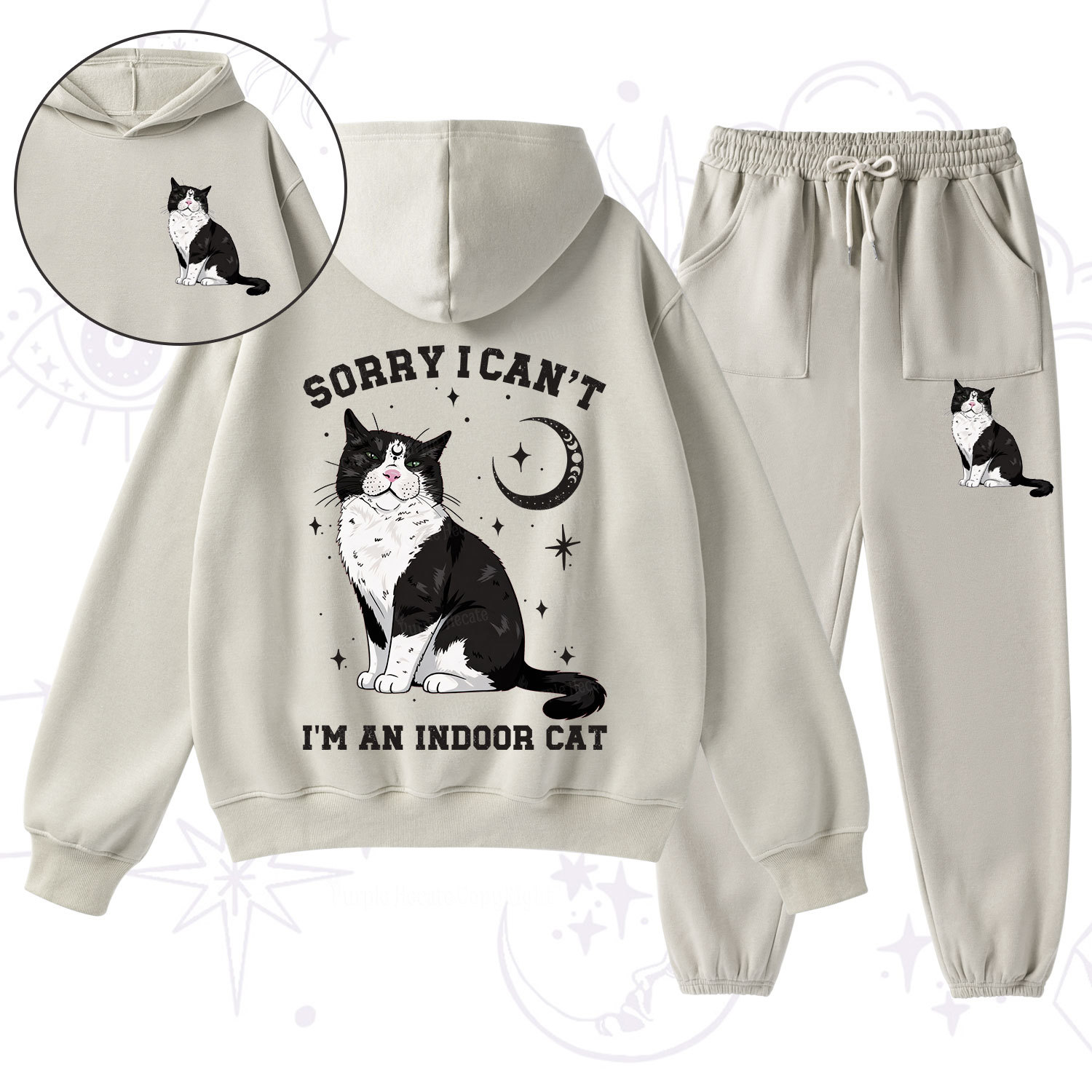 Purplehecate Sorry I Can't Go I'm an Indoor Cat Fleece Hoodie Suit