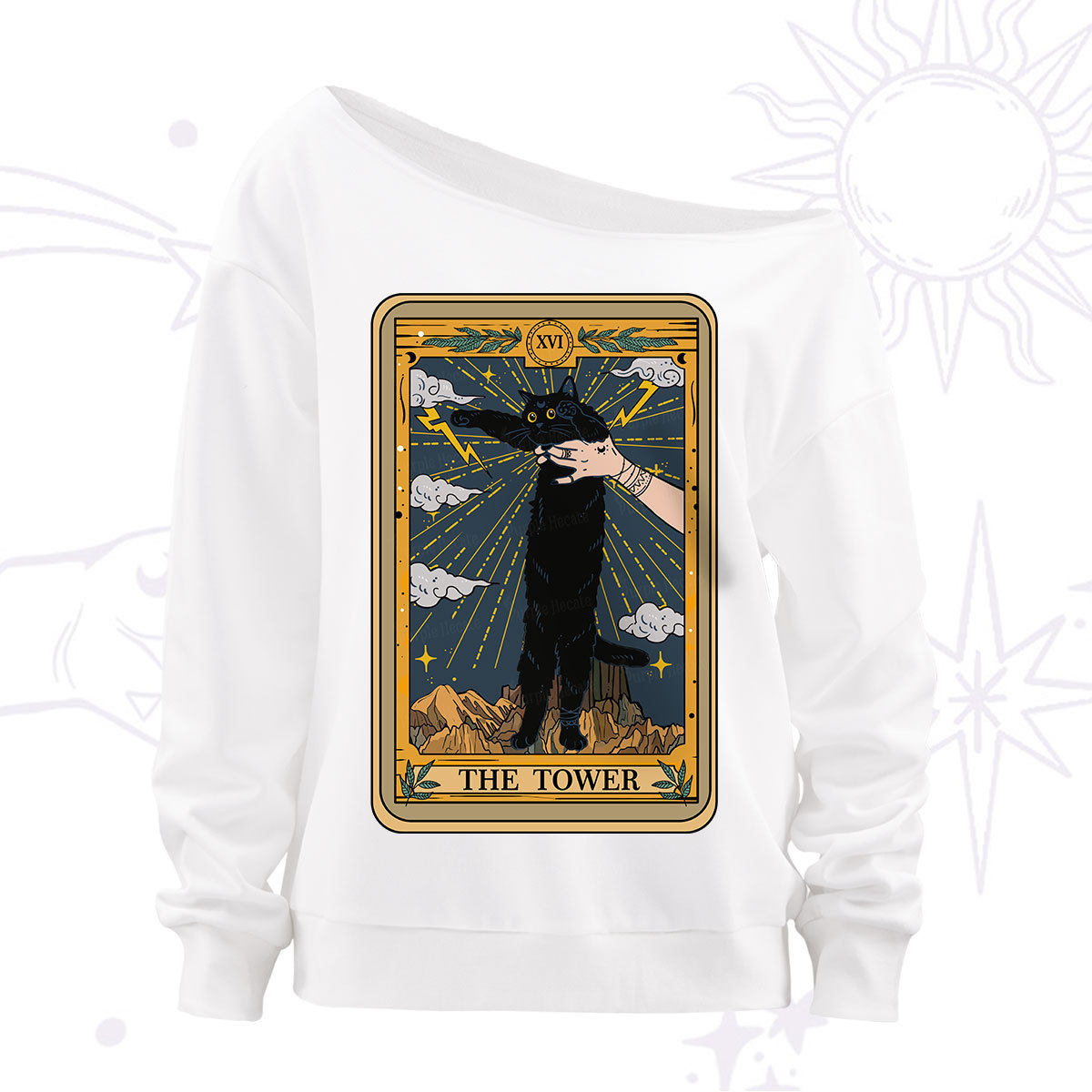 Purplehecate The Tower Cats Tarot Off The Shoulder Sweatshirt