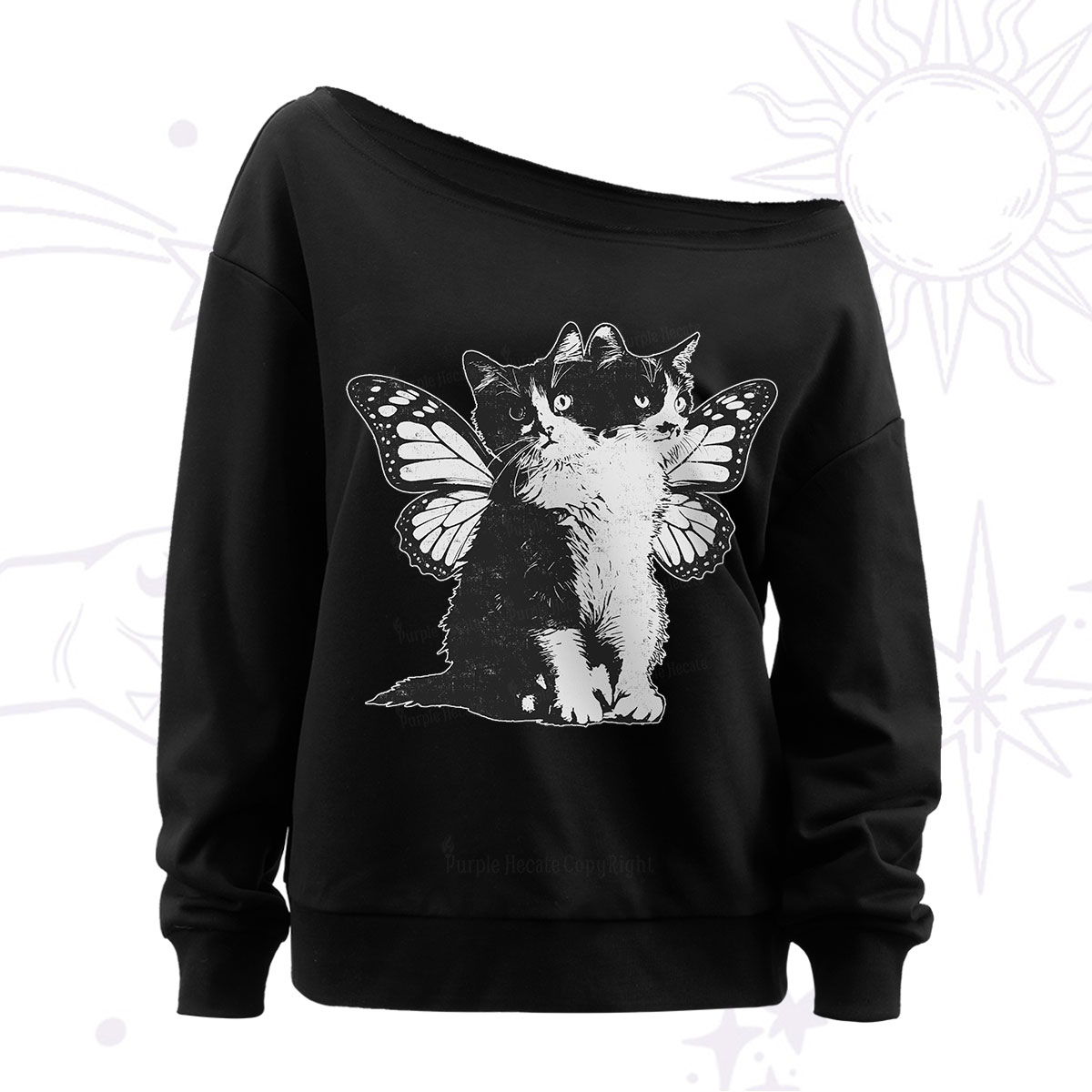 Purplehecate Mystery Butterfly Cat Off The Shoulder Sweatshirt