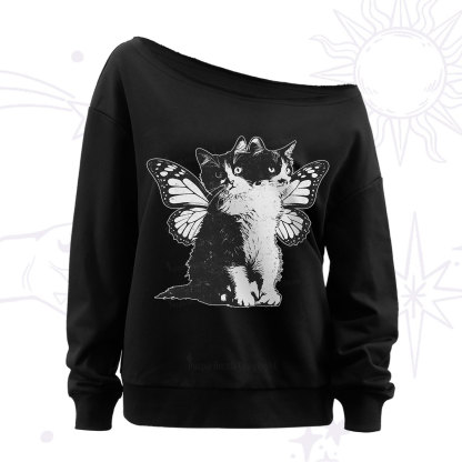 Purplehecate Mystery Butterfly Cat Off The Shoulder Sweatshirt