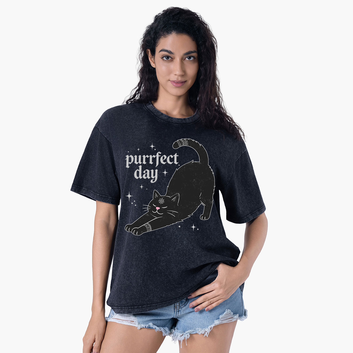 Purplehecate Purrfect Day Black Cat Washed T-Shirt