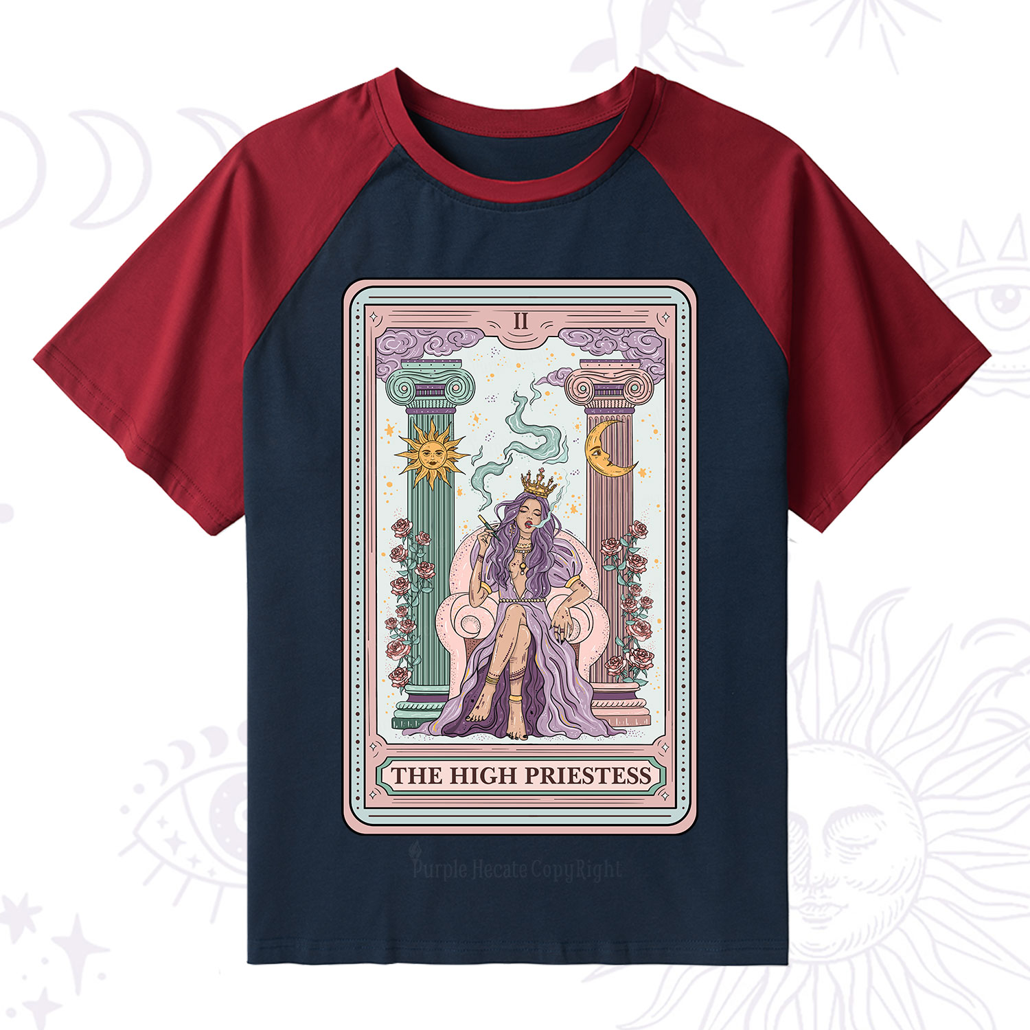 Purplehecate The High Priestess Tarot Card Raglan Short Sleeve T‑Shirt