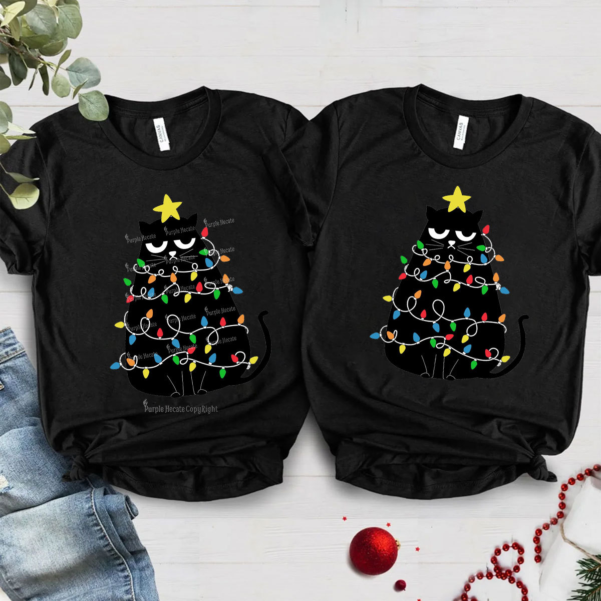 Purplehecate Black Cat in Christmas Lights Christmas Family Matching T-Shirts