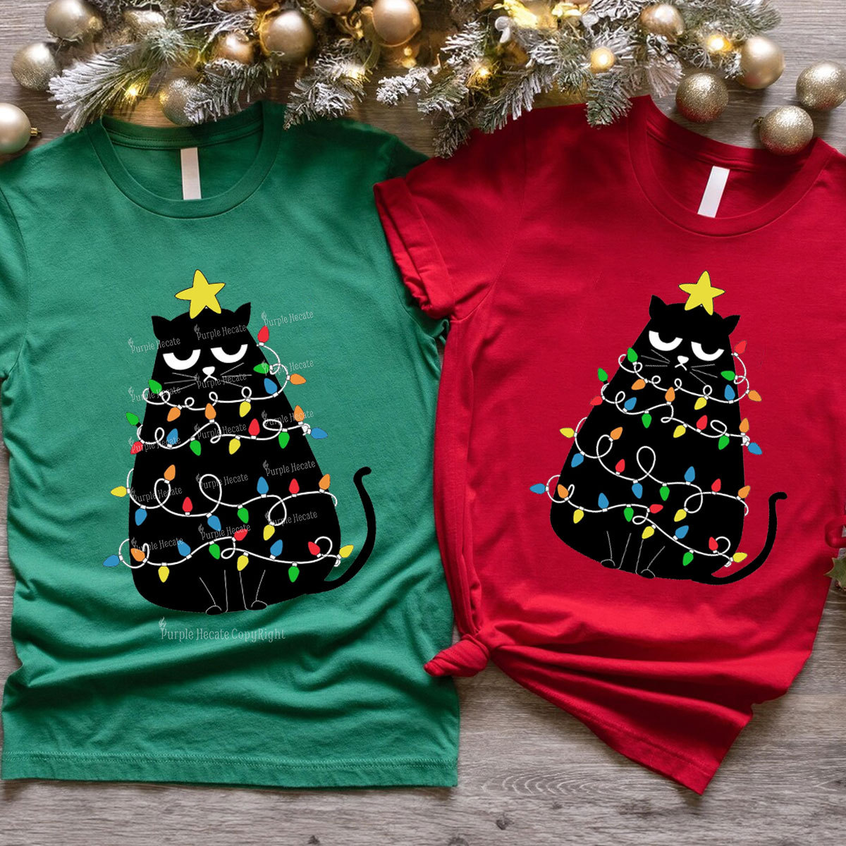 Purplehecate Black Cat in Christmas Lights Christmas Family Matching T-Shirts