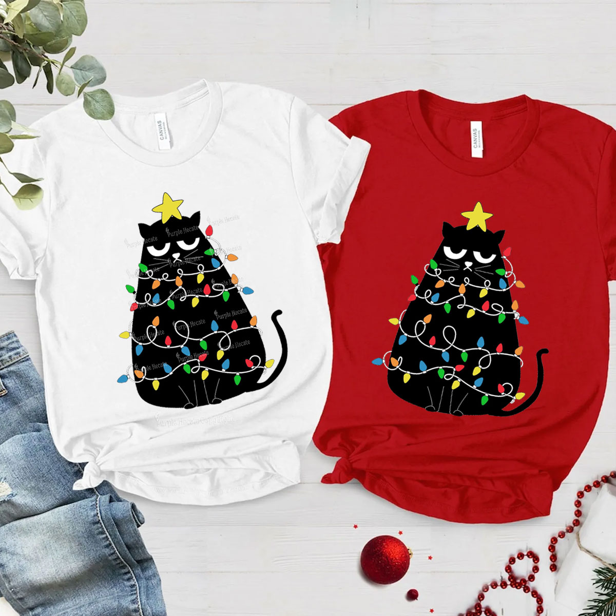 Purplehecate Black Cat in Christmas Lights Christmas Family Matching T-Shirts