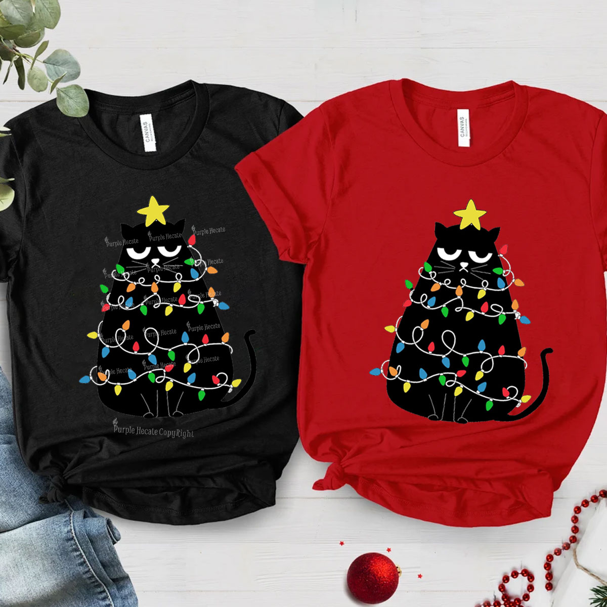 Purplehecate Black Cat in Christmas Lights Christmas Family Matching T-Shirts