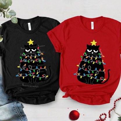 Purplehecate Black Cat in Christmas Lights Christmas Family Matching T-Shirts
