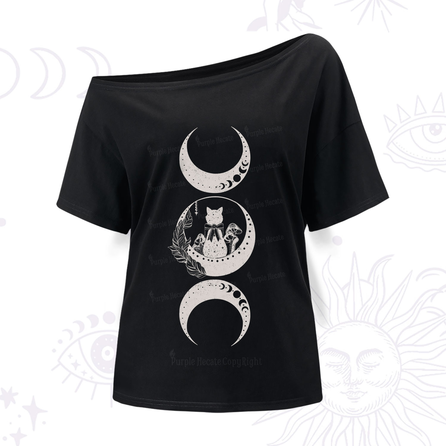 Purplehecate Cat And Moon Phases One Shoulder T-Shirt